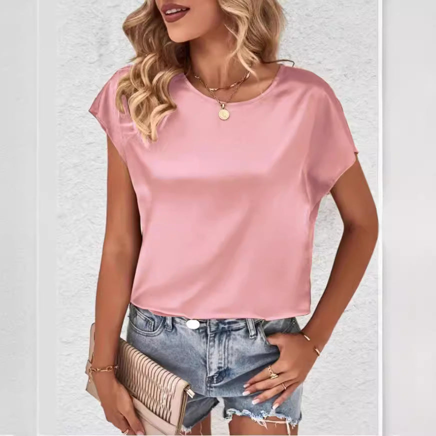 Summer Women Solid Color Casual Top Batwing Sleeve Satin round Neck Artificial Silk Women