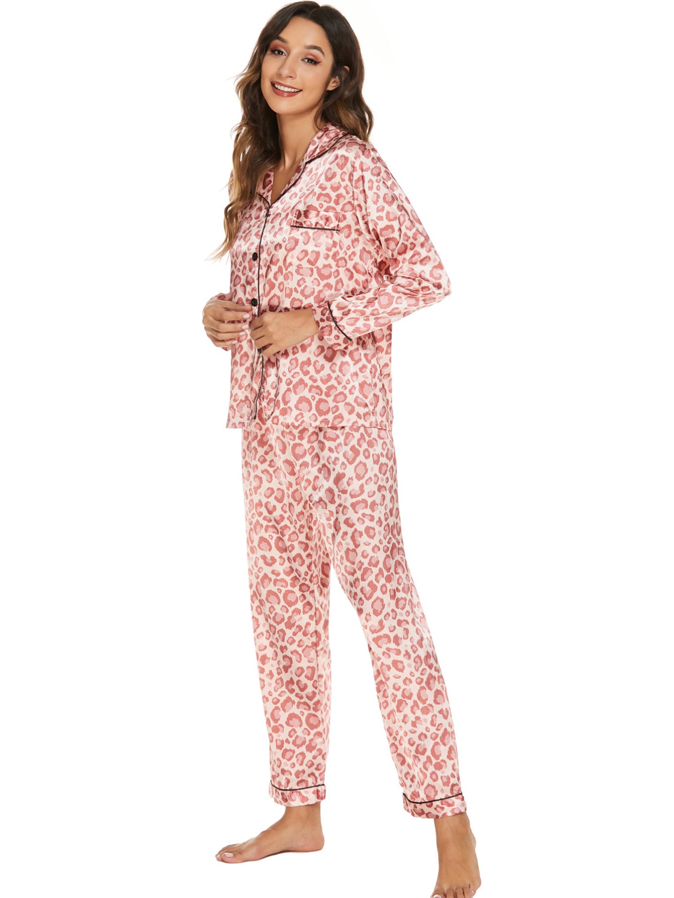Satin Long Sleeved Trousers Home Wear Cardigan Suit Pajamas Women