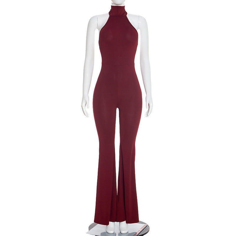 Women Clothing Spring Summer Sexy Slim Fit Turtleneck Halter Backless Bootcut Pants Jumpsuit for Women