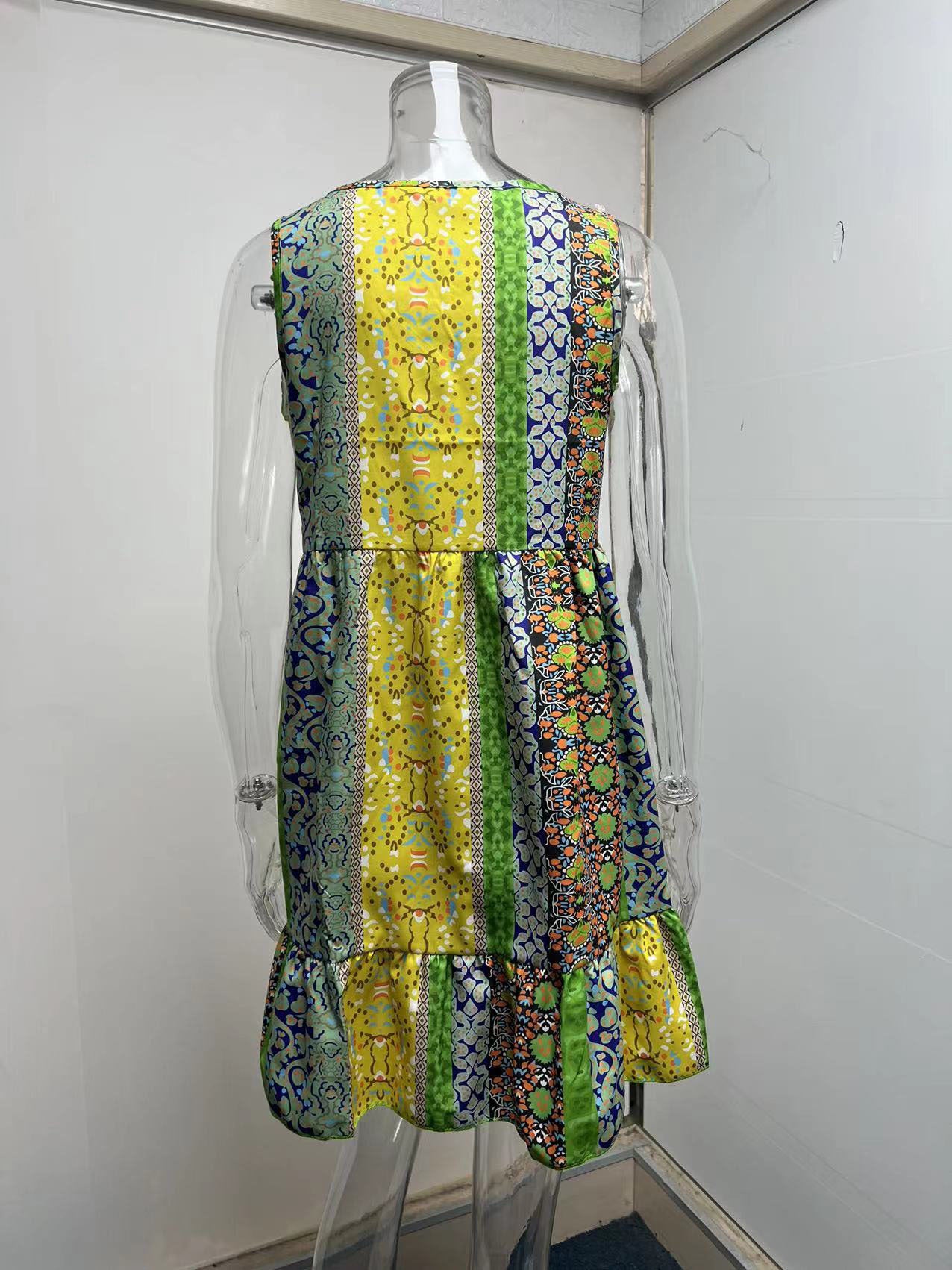 Summer Floral Patchwork Ruffled V Neck Sleeveless Mini Dress