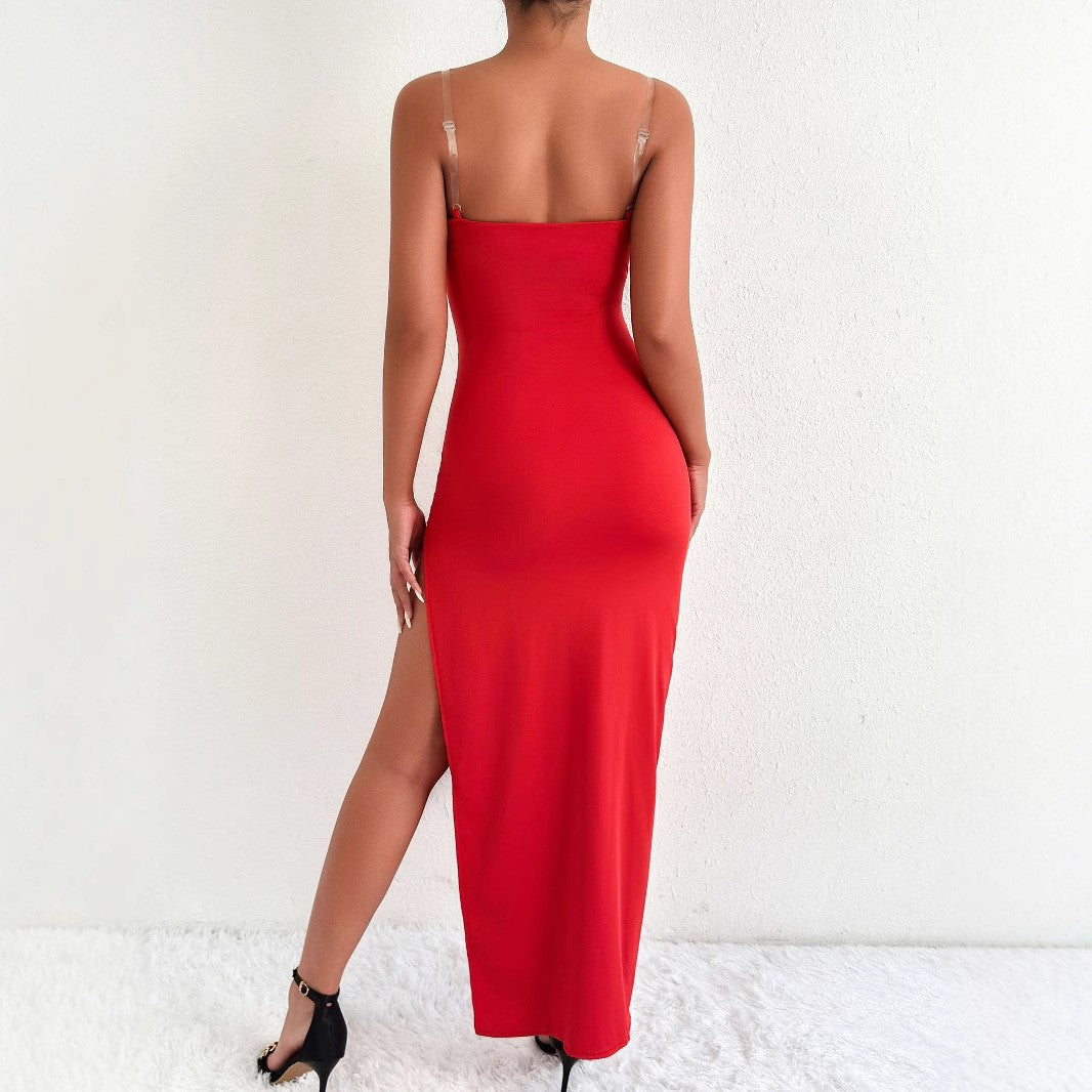 V neck Sexy Slim Fit Backless Split Sling Jumpsuit Long Sleeveless Dress