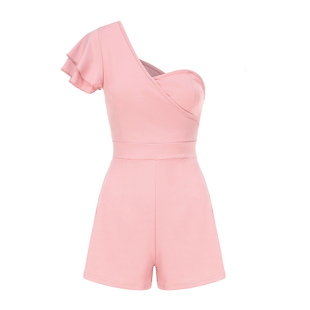 Women Clothing Spring Sexy One Shoulder Double Sleeve Solid Color Romper