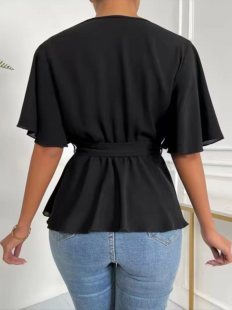 Solid Color Elastic Waist Belt Women Summer Elegance Bell Sleeve Shirt Top Stand Alone
