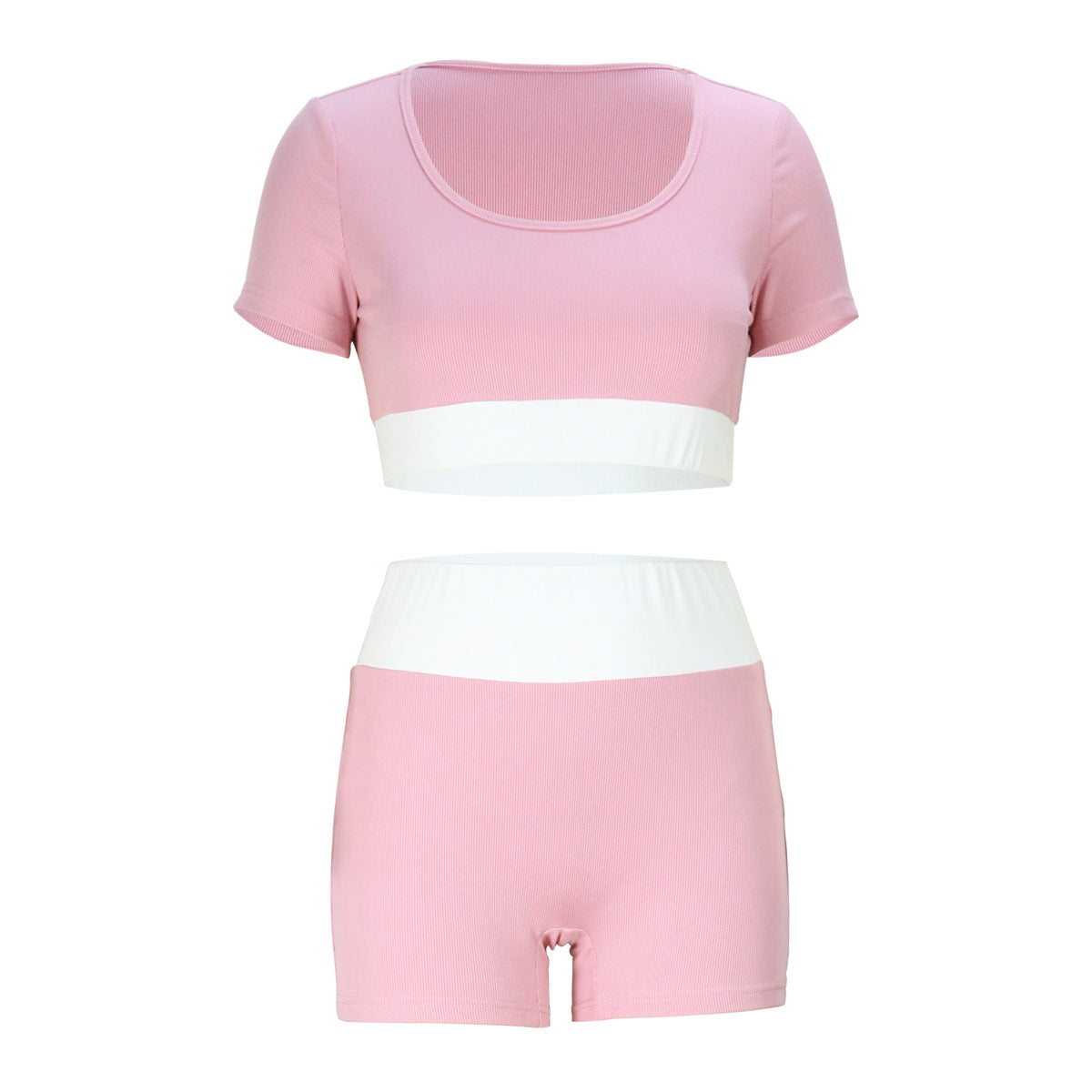 Summer Women Clothing Contrast Color U Neck Short Sleeved Shorts Two Piece Set Sexy Cropped Yoga Suit