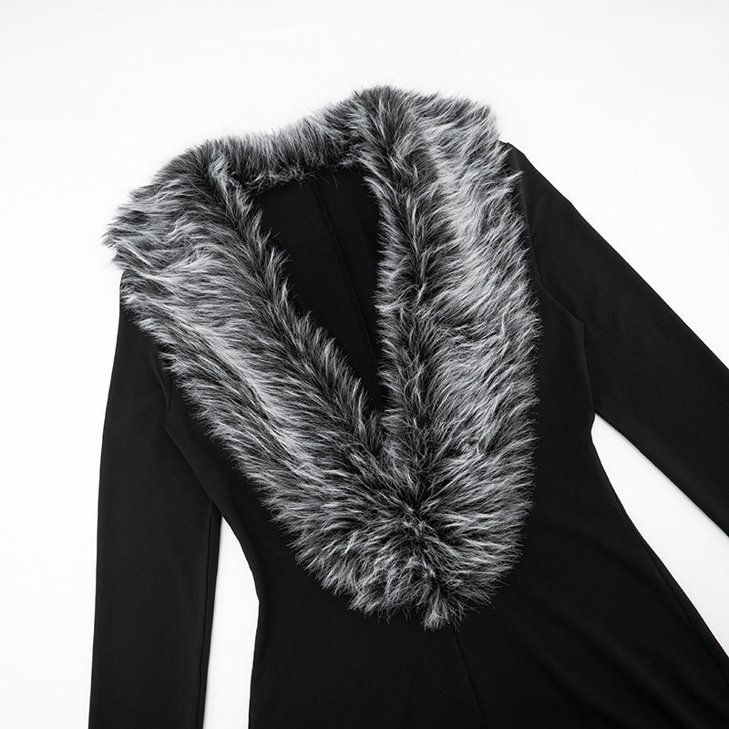 Women Clothing Autumn Winter Elegant Fur Collar Deep V Plunge Long Sleeve Tight Fitting Solid Color Elegant Romper