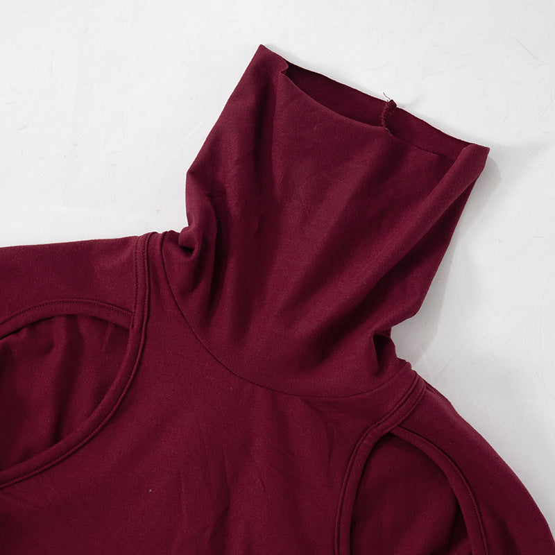 Women Sexy Slim Deep Cerise Hollow Out Cutout Split Mid Length Dress