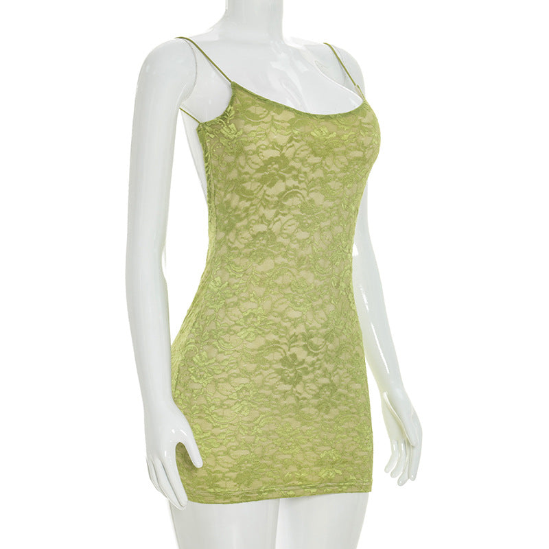 Women Clothing Summer Solid Color Sexy Lace Sling Bare Back Skinny Sheath Dress