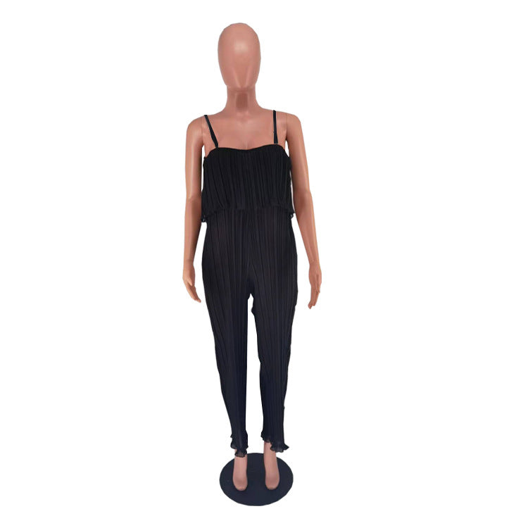 Women Clothing Strap Tube Top Pleated Loose Jumpsuit