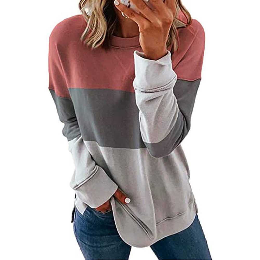 Autumn Winter Women Clothing Printing Color Contrast Patchwork Round Neck Long Sleeve Sweatshirt