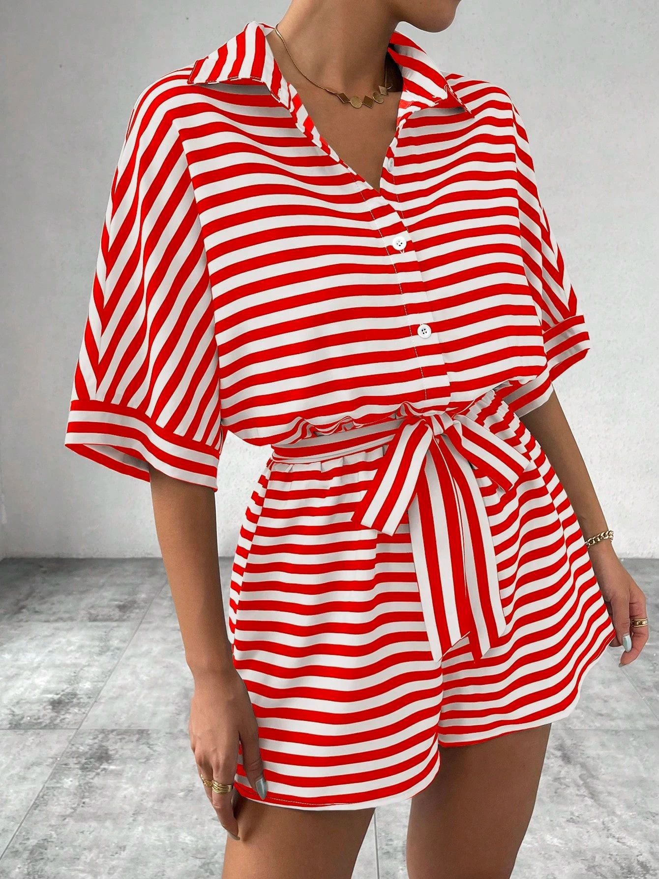 Summer Women Clothing Striped Collared Cardigan Button Half Sleeve Shorts Jumpsuit