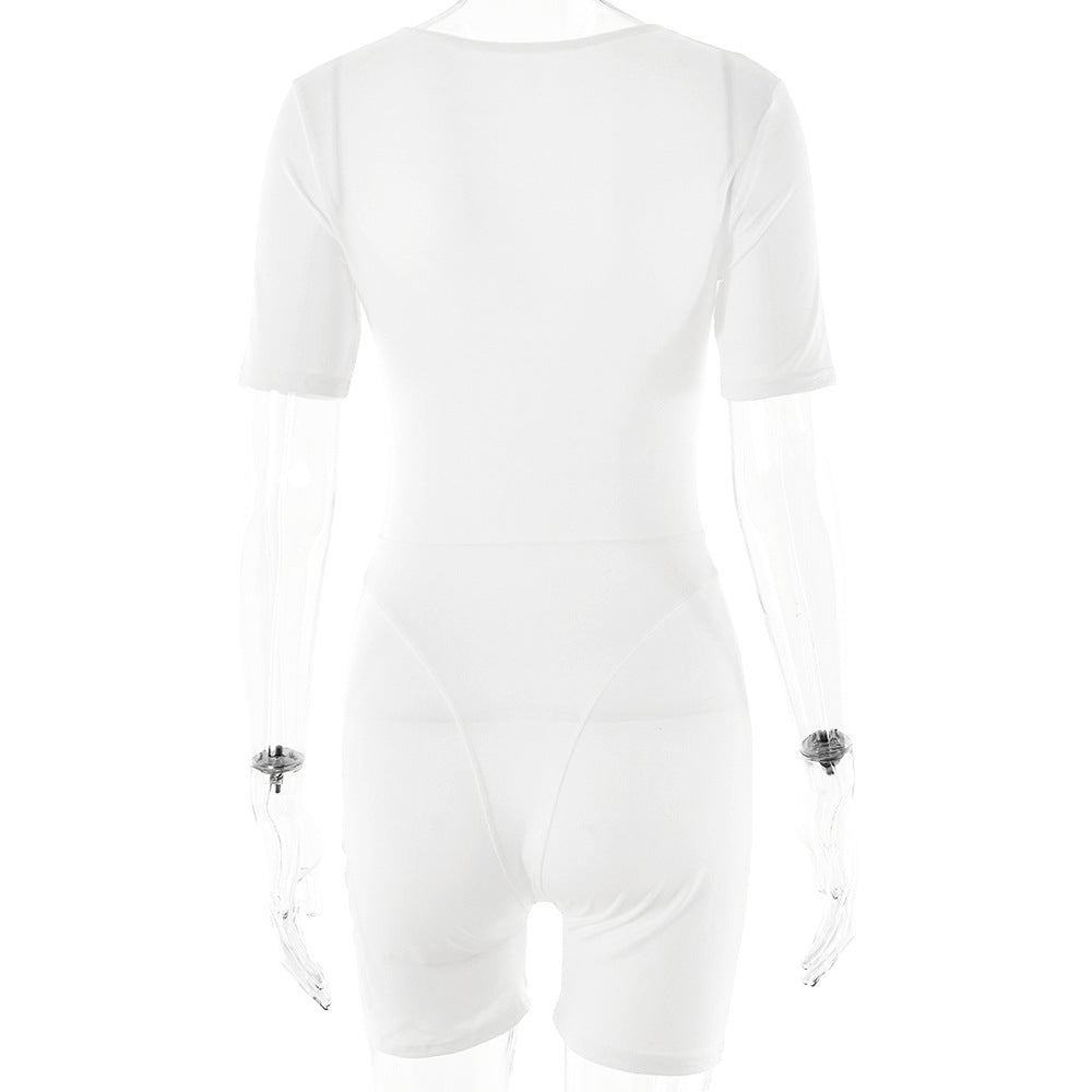 Popular Sexy Tight Jumpsuit Spring Summer Short Sleeve V Neck Patchwork Bottoming Shirt Women