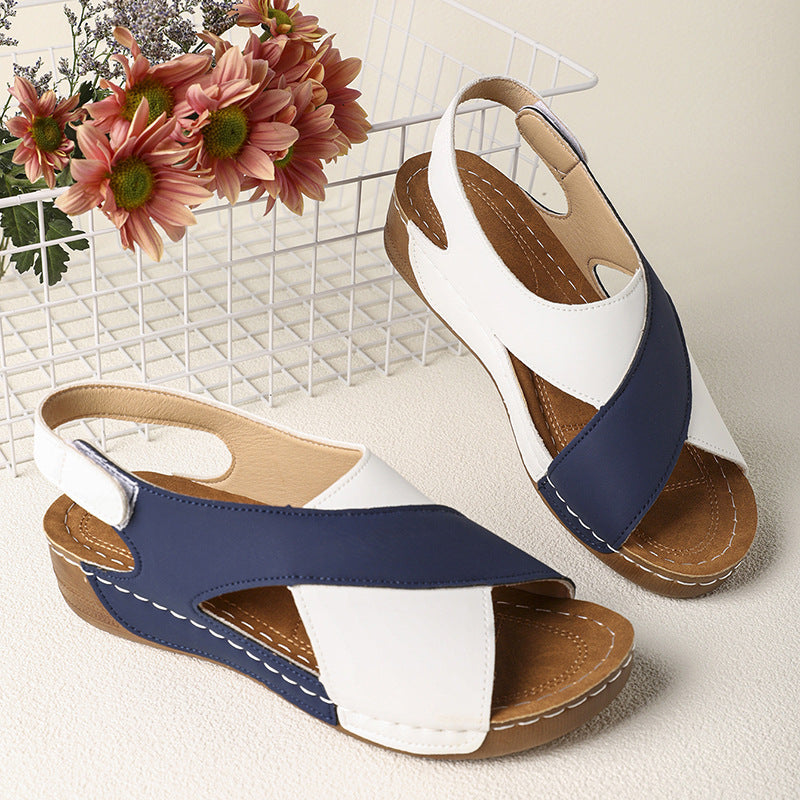Platform Cross Wedge Sandals Women Outer Wear Contrast Color Breathable Velcro Beach Slippers