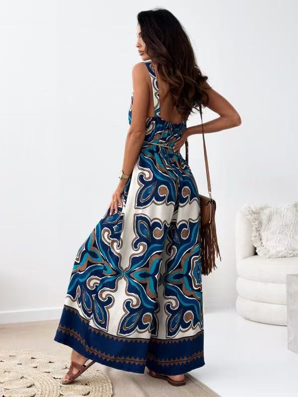 Women Clothing Summer Positioning Floral V neck Brace One Piece Wide Leg Pants with Belt