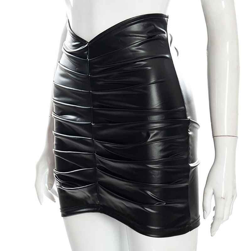 Women Clothing Top Product Solid Color Pleated Faux Leather Sheath Skirt Women Skirt