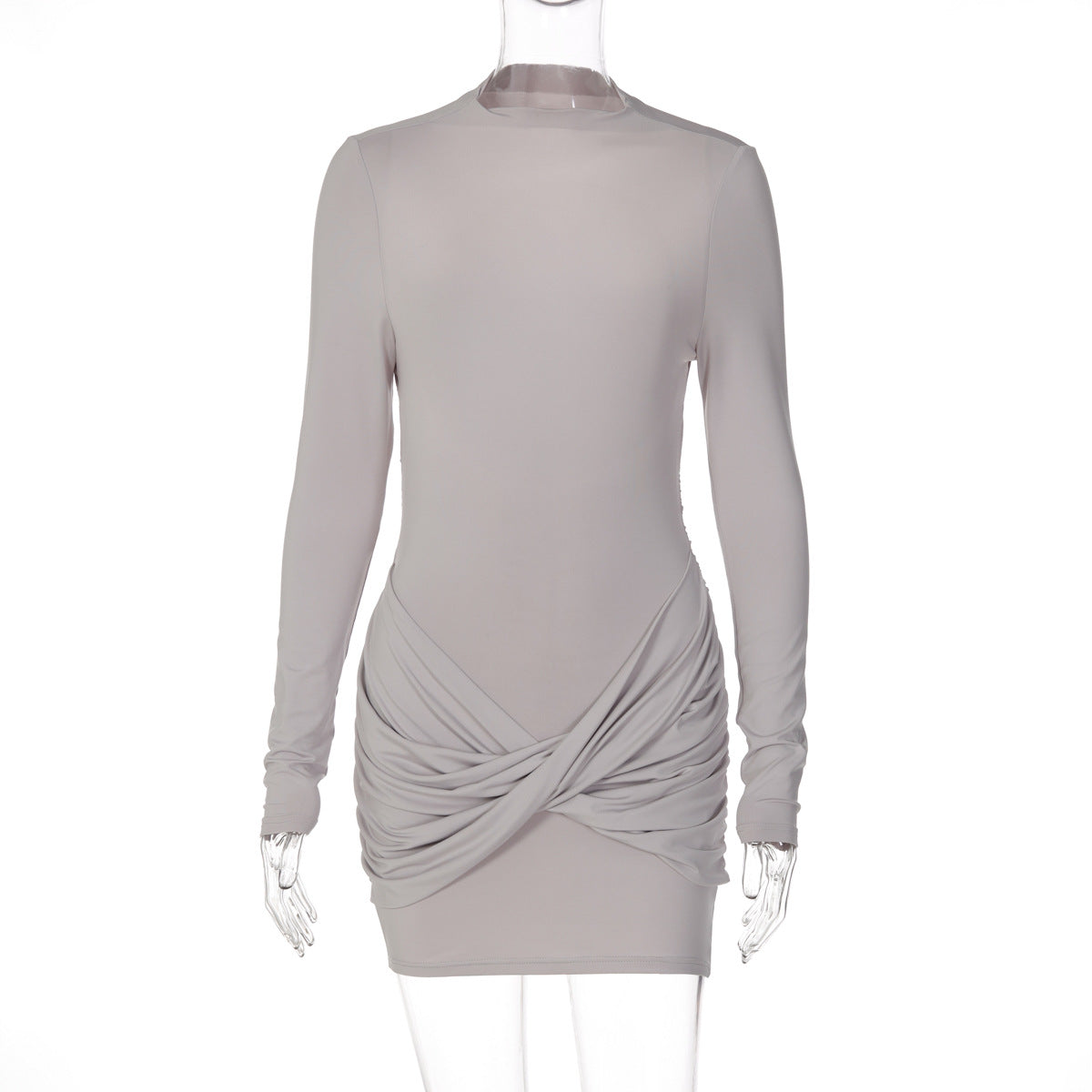 Women Clothing Solid Color Long Sleeve round Neck Pleated Slim Fit Backless Dress for Women