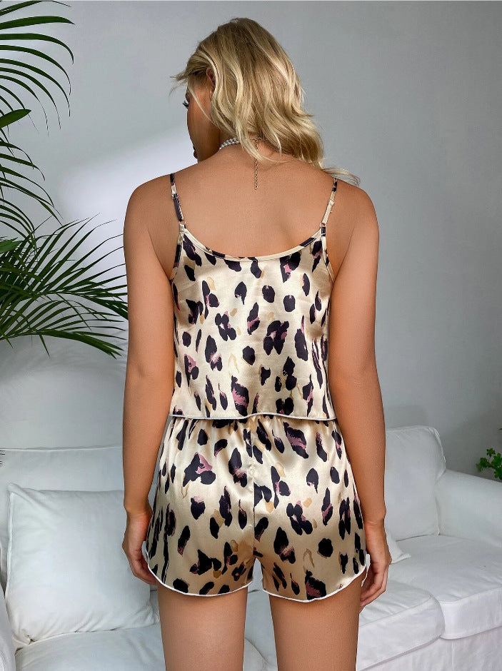 Casual Two Piece Sets Leopard Print Sling Pajamas Women Summer Satin Artificial Silk Popular Home Wear