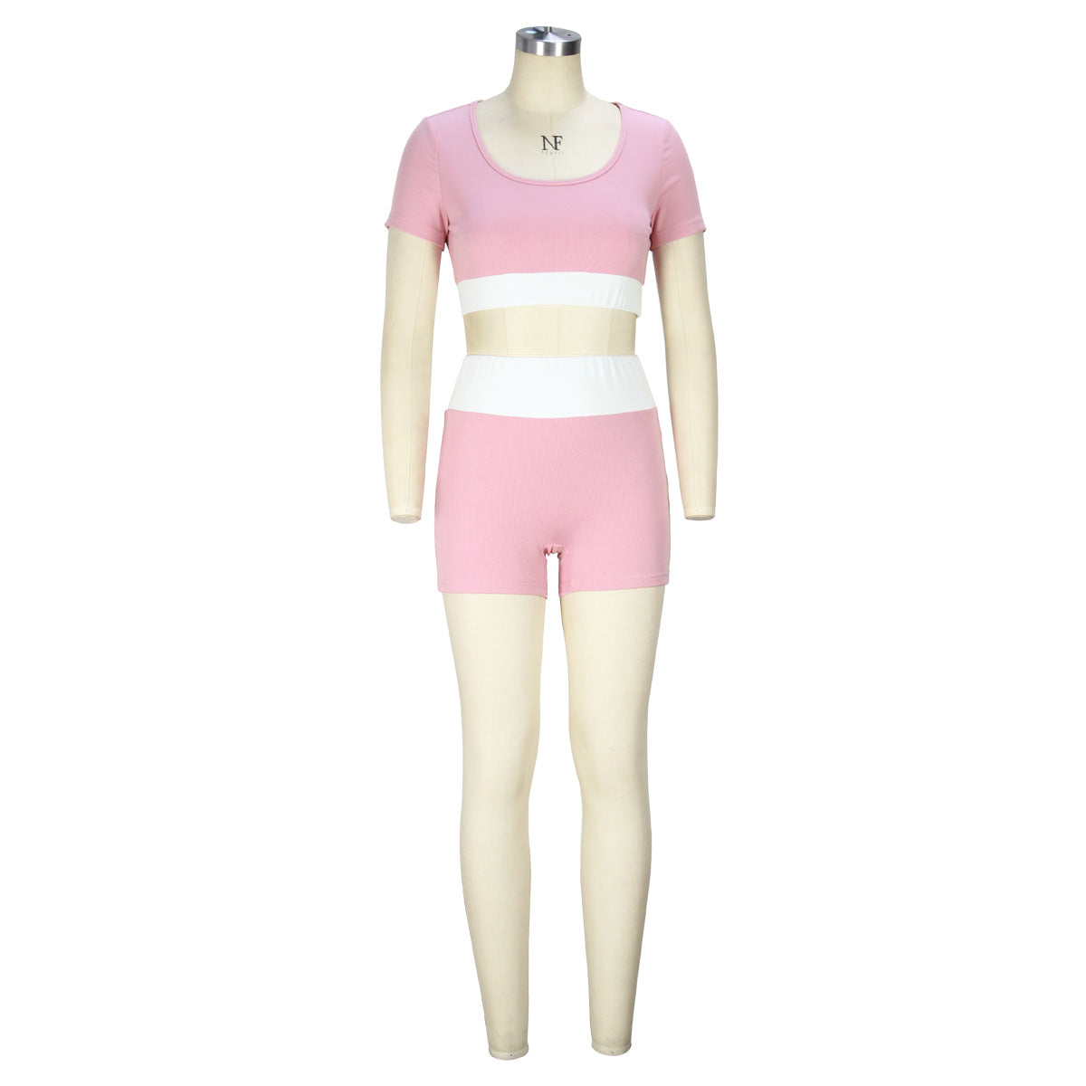 Summer Women Clothing Contrast Color U Neck Short Sleeved Shorts Two Piece Set Sexy Cropped Yoga Suit
