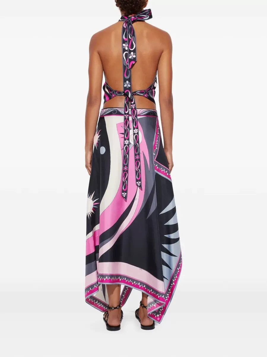 Printed Satin Halter Backless Top Irregular Asymmetric Skirt Two Piece Sets