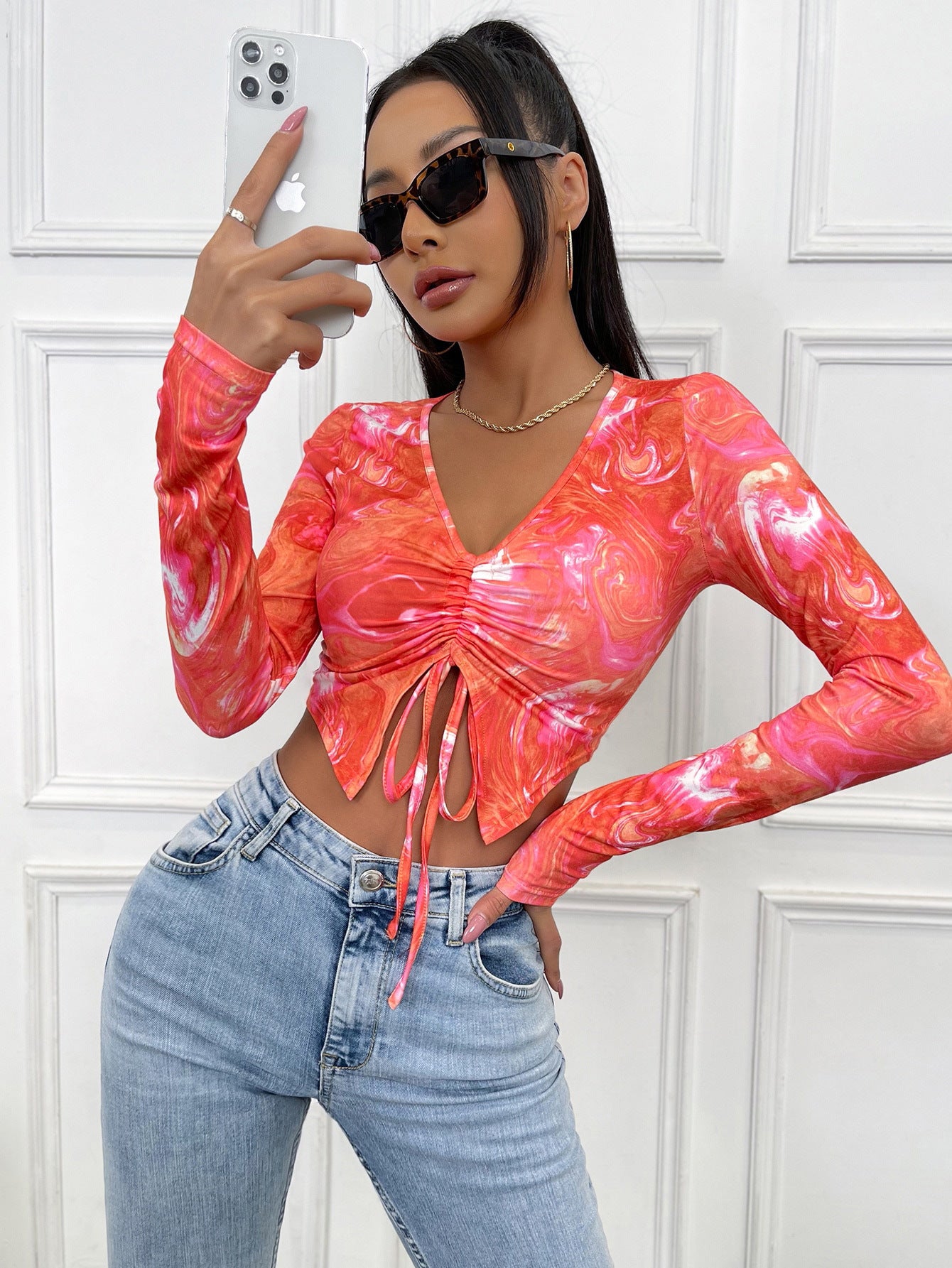 Women V neck Long Sleeve Drawstring Slim Fit Cropped Top Breathable Pleated Solid Color Simple Sweet T shirt Women Casual Spring Autumn Top