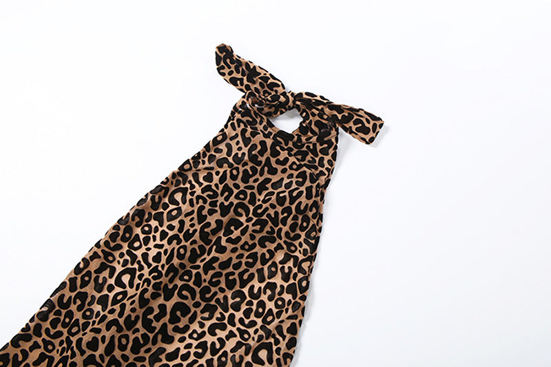 Autumn Winter Women Sexy Leopard Print Halter Strap Backless Slim Fit Cropped Jumpsuit