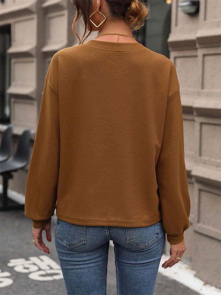 Fall Women Clothing Waffle V neck Long Sleeved T shirt for Women