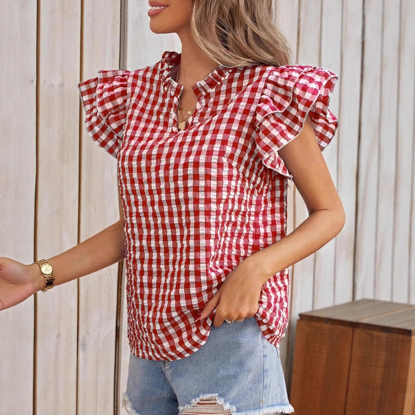 Summer Top Double Layer Ruffled Sweet Cute Women Clothing Plaid Short Sleeve