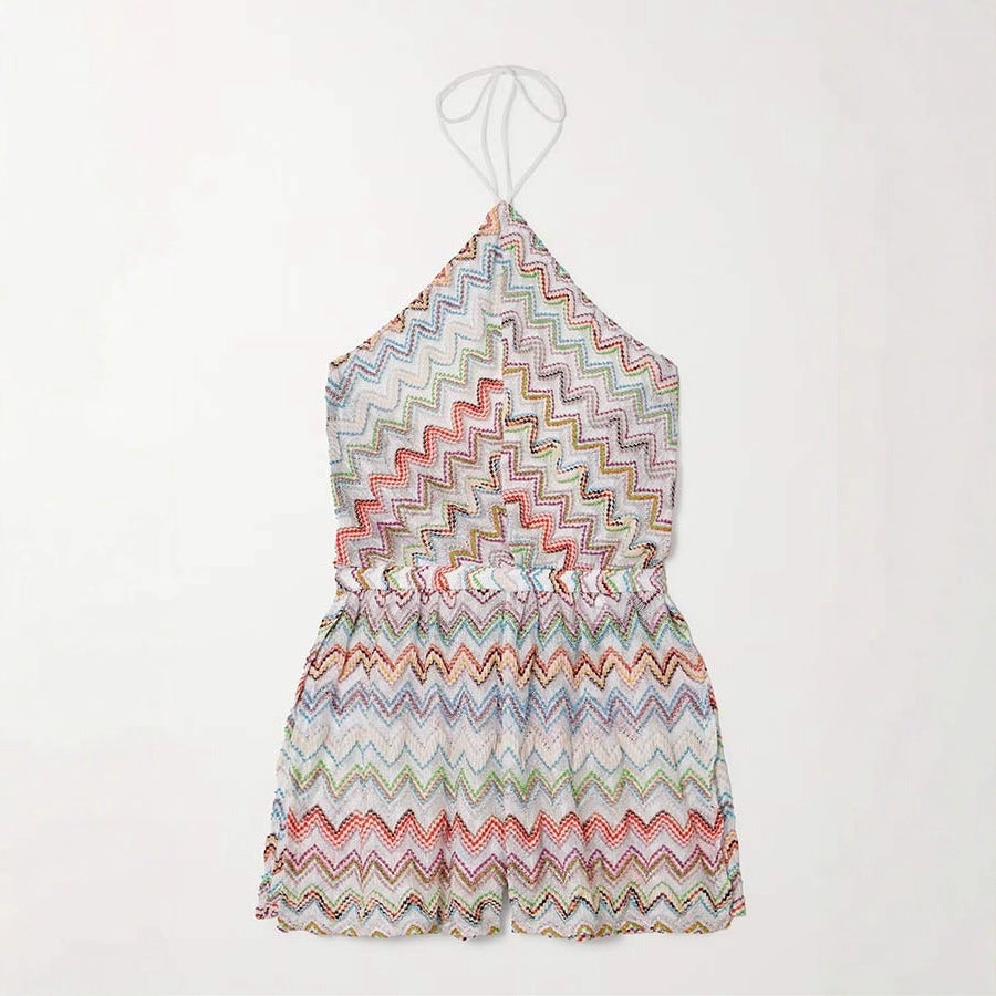 Summer Sexy Printed Color Wave Backless Halter Split Jumpsuit
