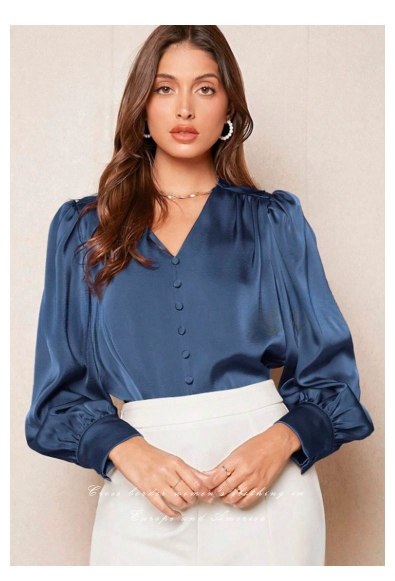 V neck Pullover Top Shirt Women Satin Office Top Women Clothing Direct