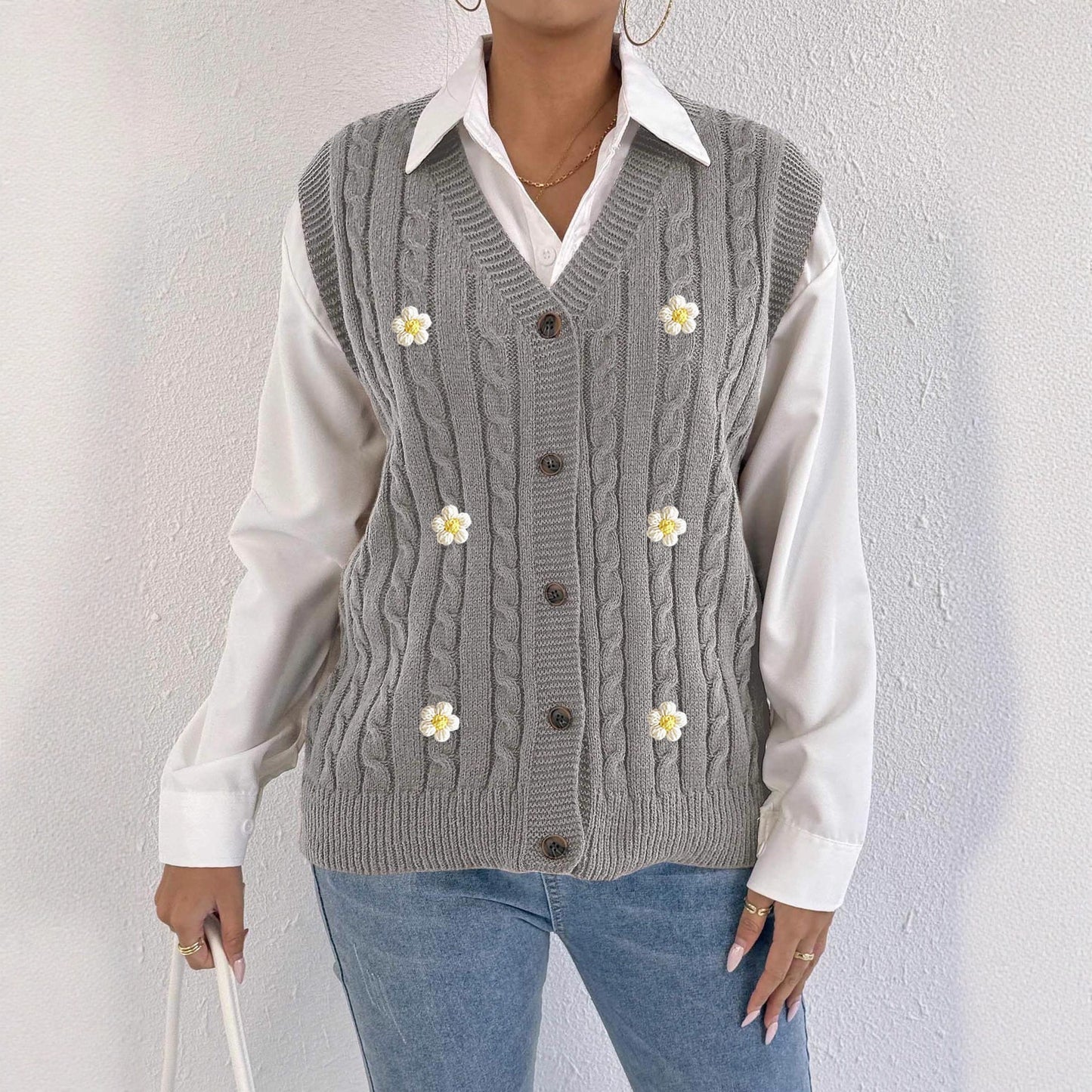 Women Knitted Cardigan Autumn Winter Women Clothing Casual Outerwear Vest Twist Woven Sweater Three Dimensional Floral Stitching Vest