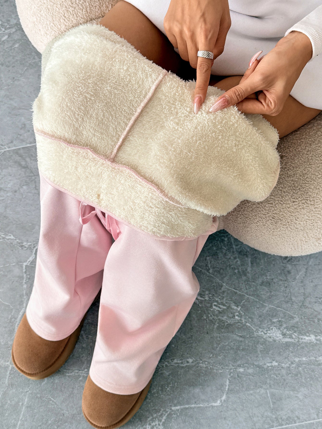 Winter Thickened Warm Berber Fleece Pink Casual Pants Outer Wear Slim Slimming Faux Drawstring Design