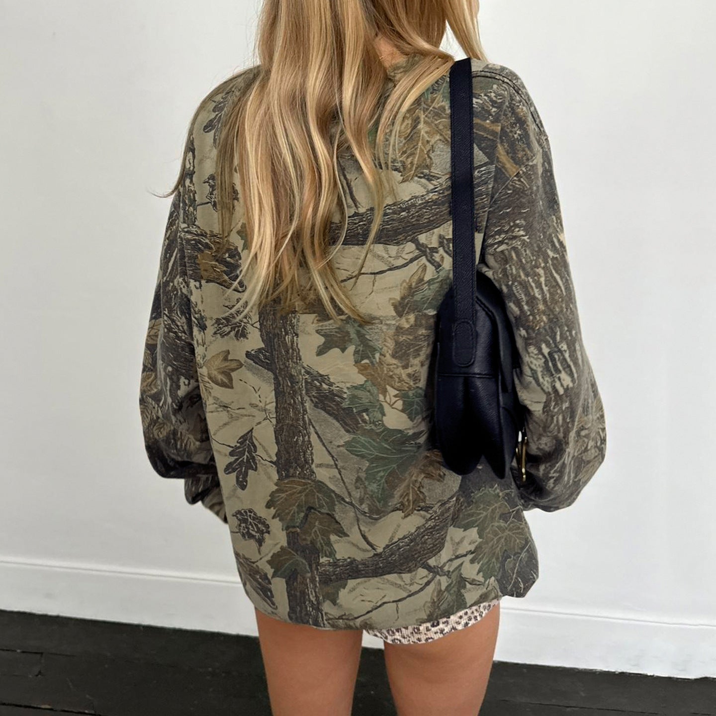 Retro Casual Camouflage Leaf Print Long Sleeve Crew Neck Sweater Spring Autumn Loose Long Sleeve Street Top