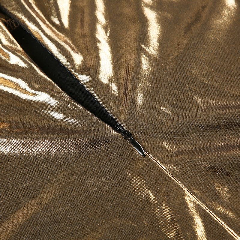 Metallic Glossy Features Swing Collar Sleeveless Halter Dress Backless Sheath Sexy Dress
