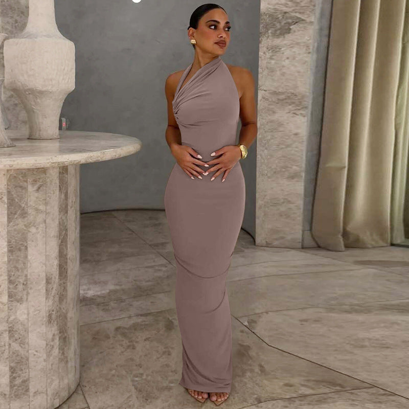 Slim Fit Maxi Dress Summer Solid Color Halter Pleated Sexy Backless Dress