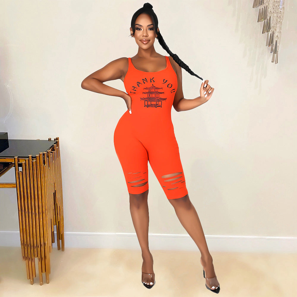 Summer Women Clothing Sports Casual Printed Hollow-out Ripped for Women Romper