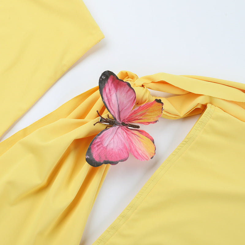 Shoulder Hollow Out Cutout out Strap Butterfly Decoration Dress Summer Solid Color Hip Dress