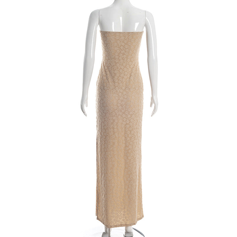 Tube Top Split Height Waist Slimming Jacquard Fabric Sheath Maxi Dress