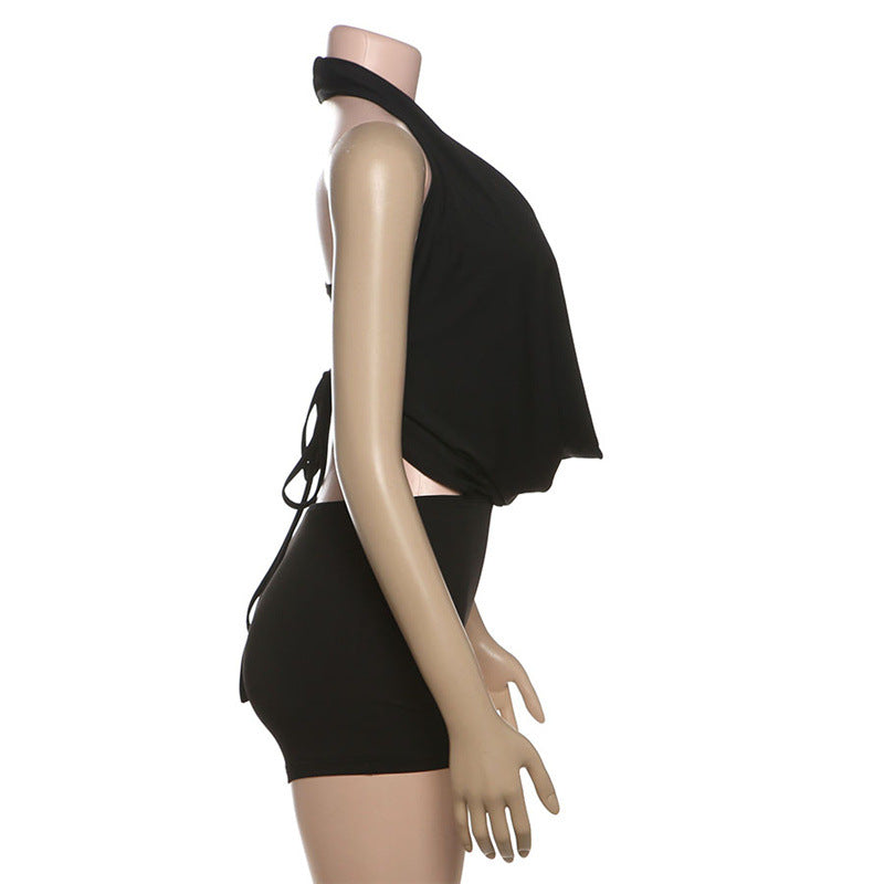 Summer Women Sexy Tube Top Halter Deep V Plunge neck Backless Lace up Jumpsuit Set Women