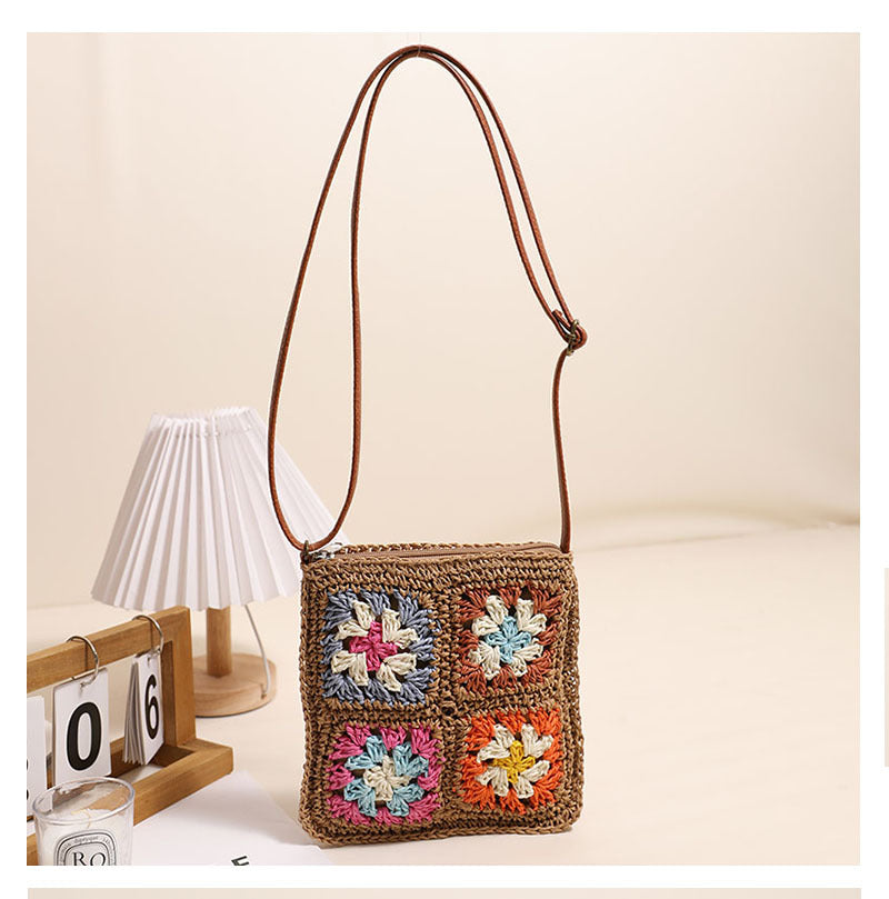 Hollow Out Cutout Floral Crossbody Straw Bag Retro Square Straw Bag Woven Bag Vacation Beach Bag All Match Shoulder Bag