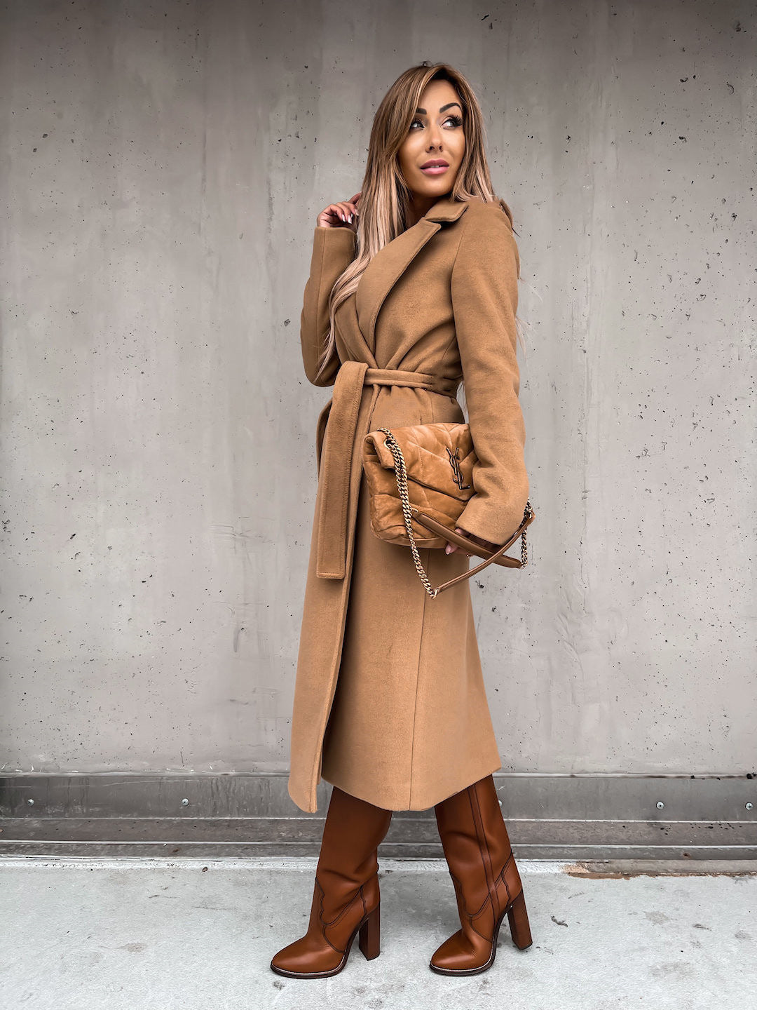 Autumn Winter Women Clothing Solid Color Polo Collar Long Sleeved Woolen Coat Simple Lace up Trench Coat