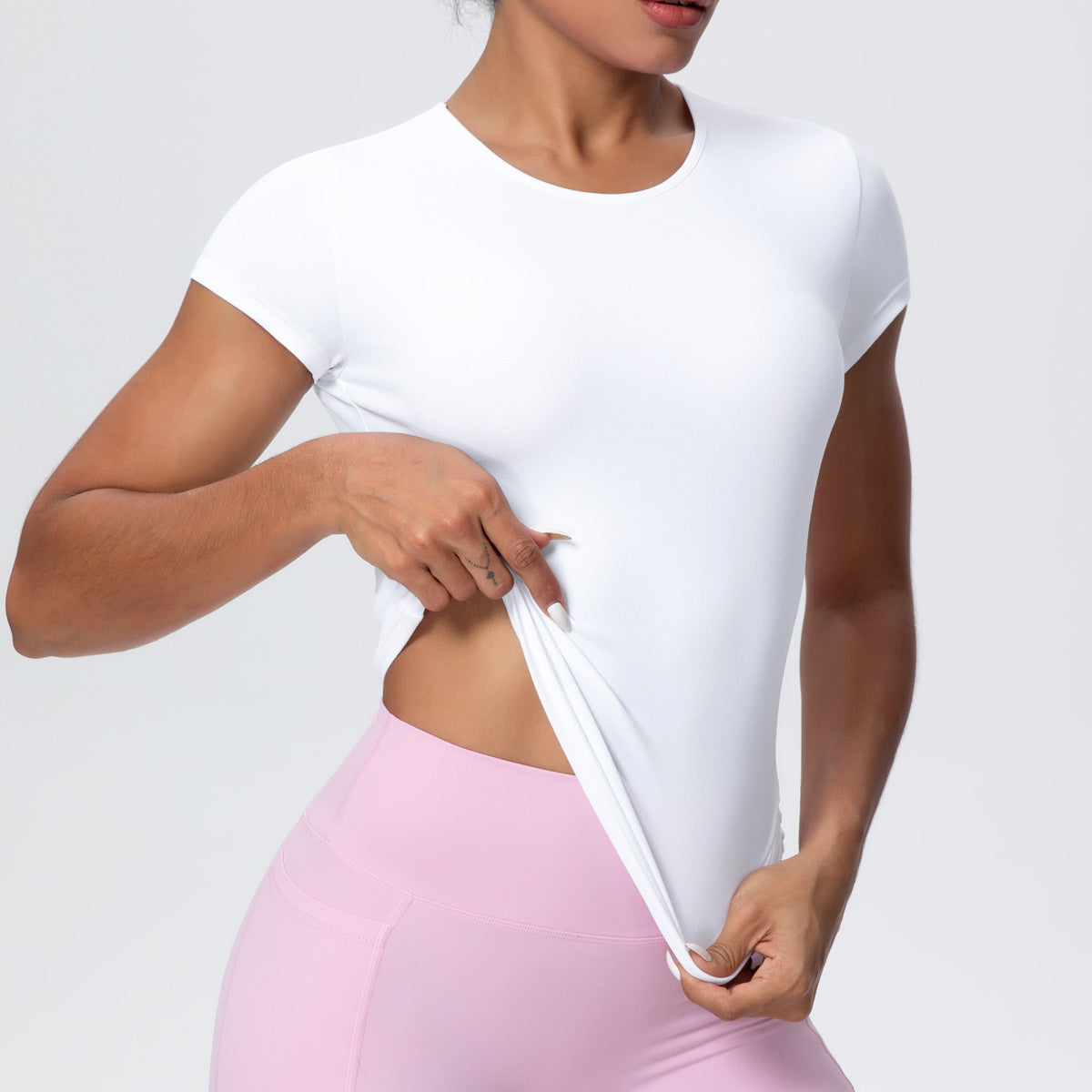 Casual Solid Color Sports Short Sleeve Waist Controlled Slim Fit Breathable Yoga T shirt Running Training Nude Feel Workout Top
