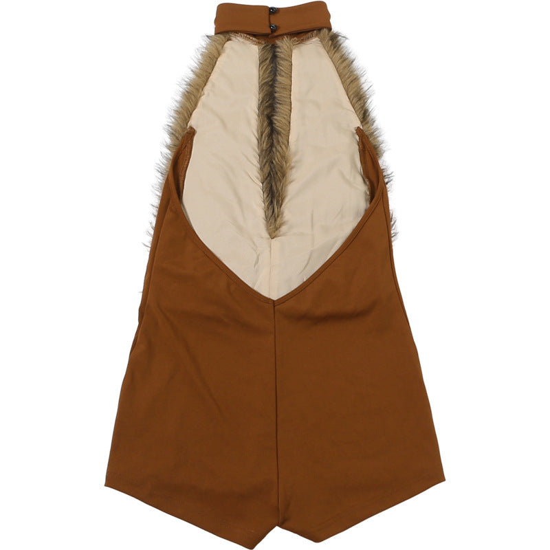 Women Clothing Autumn Winter Sexy Fur Stitching Halter Cut out Backless Jumpsuit