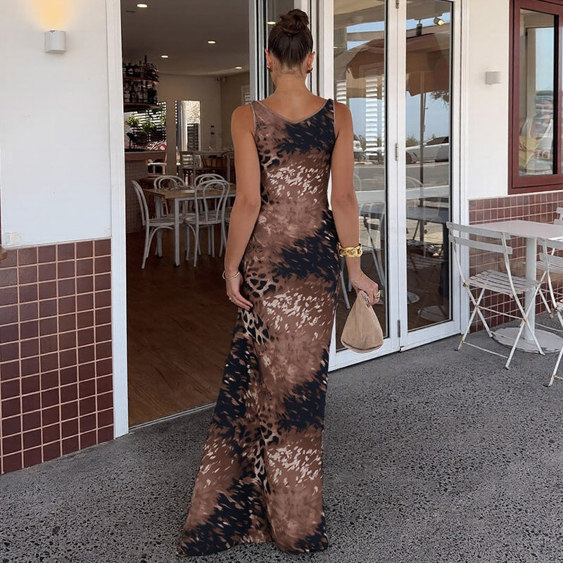 Spring Women Clothes Leopard Print Slim Street Long Tie Dress