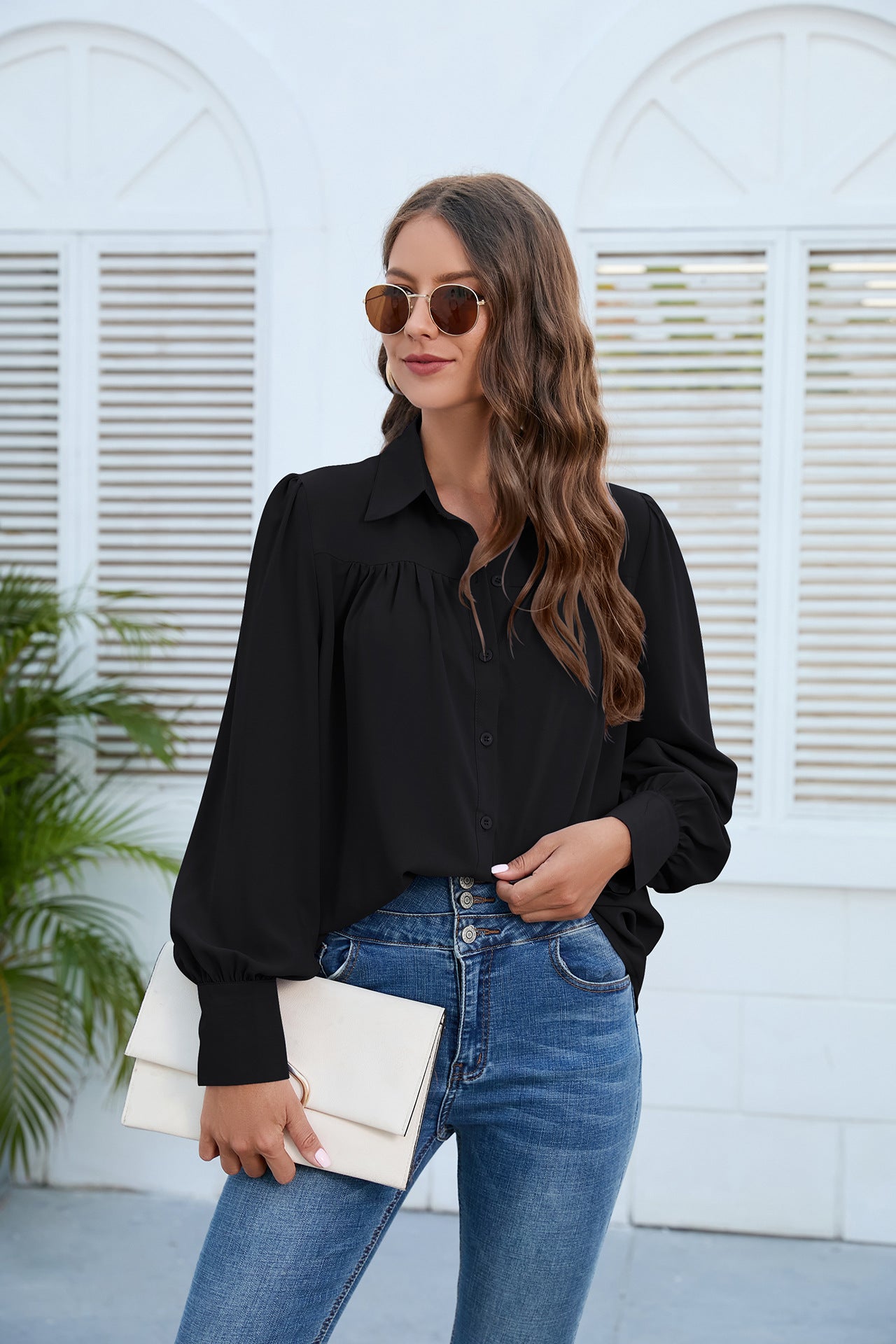 Women Clothing Spring Autumn Chiffon Shirt Women Shirt Pleated Long Sleeved Top Women