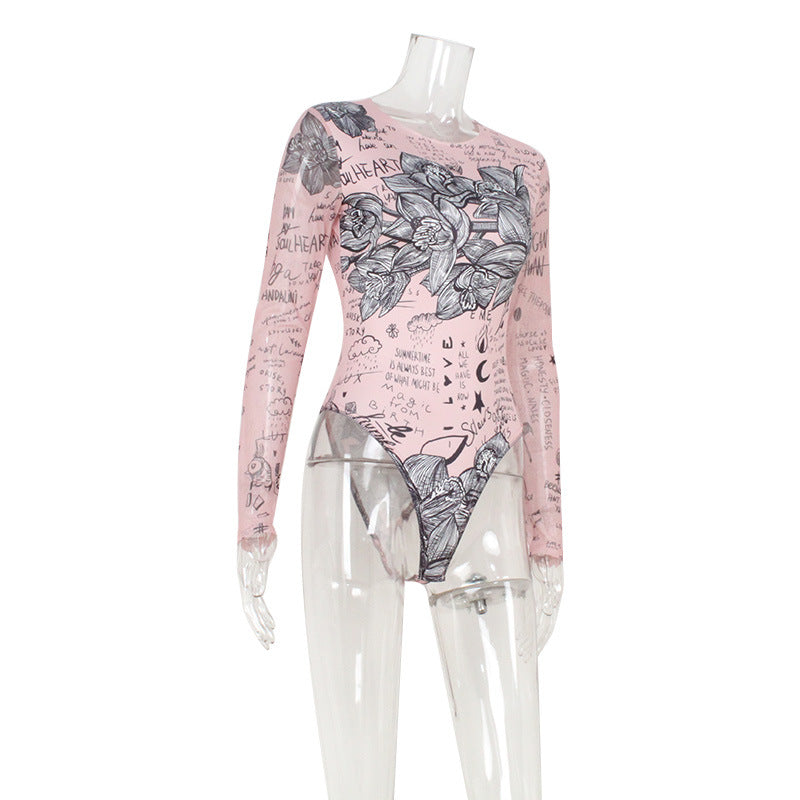 Autumn Women Clothing round Neck Long Sleeve Sexy Mesh Floral Print Jumpsuit Slim Fit Sexy Thin Top