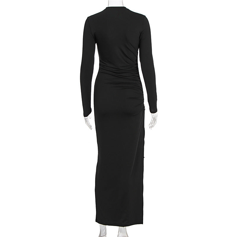 Early Autumn Women Clothing Long Sleeve Dress Lace up Slimming Slit Metal Decorative Maxi Dress Women
