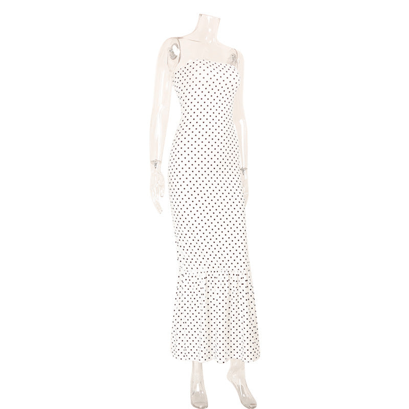 White Polka Dot Tight Strapless Tight Waist Fishtail Hip French Sexy Vacation Long Dress
