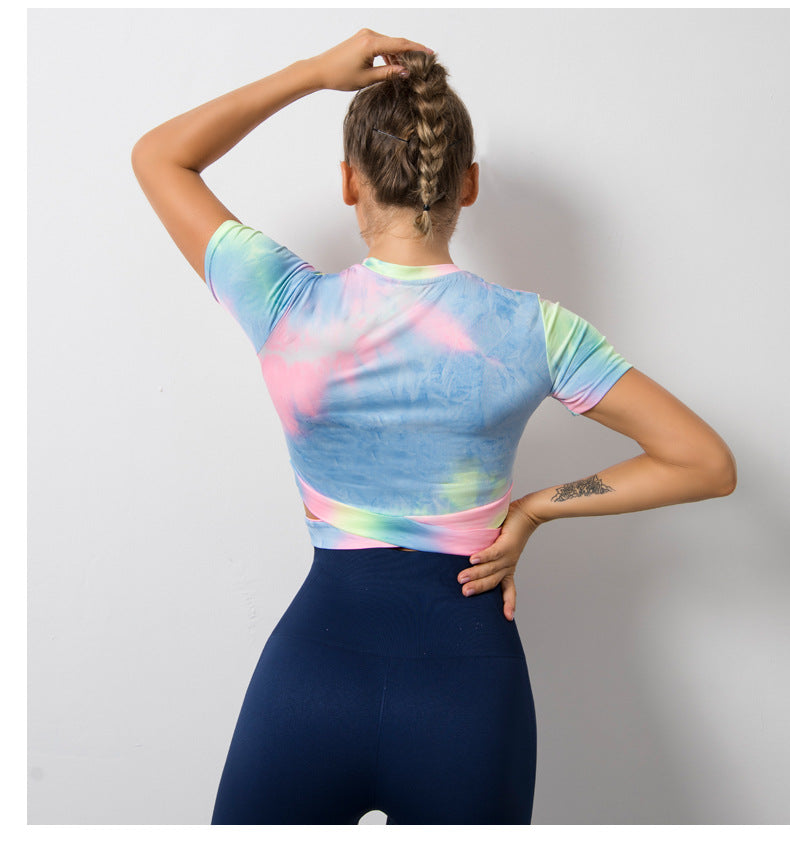 Tie Dye Printing Quick-Drying Yoga Clothes plus Size Workout Top Cropped Short Sleeved Sports T shirt 1