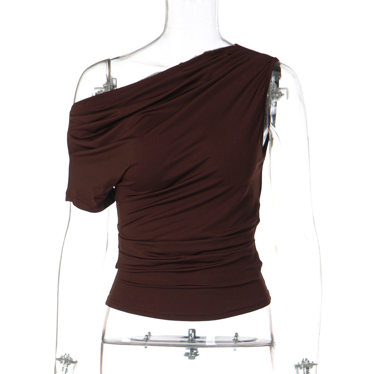 Women Clothing Spring Summer Solid Color Simple One Shoulder Pleated Slim T shirt Top