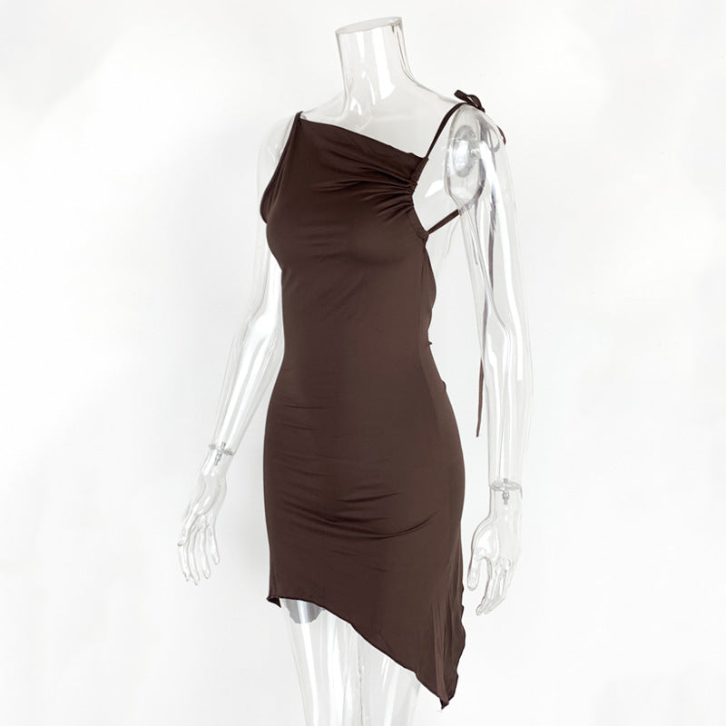 Women Clothing Summer Sexy Backless Irregular Asymmetric Pleated Straps Diagonal Collar Dress