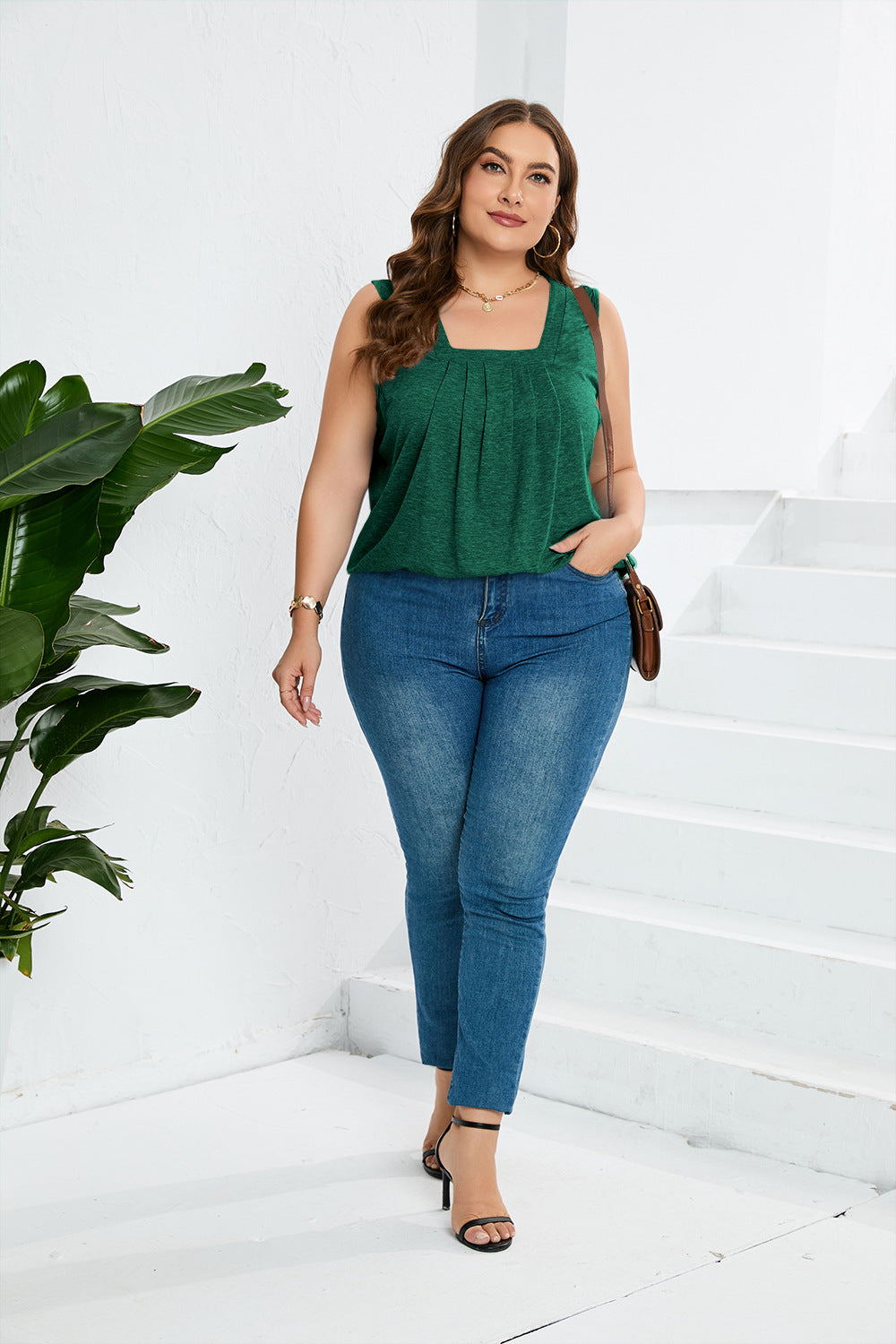 Plus Size Summer Solid Color Square Collar Loose T shirt Vest Top Women